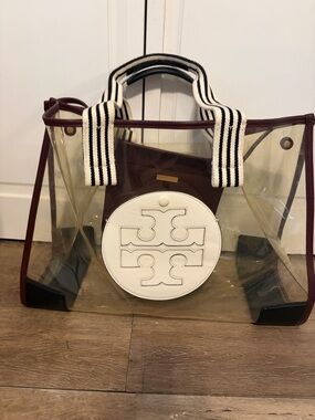 Tory Burch Clear Tote with White Logo Pouch and Burgundy Trim